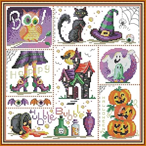 Cross Stitch Kits for Adults Kids & Beginners Pre Printed or NOT, ABEUTY DIY Halloween Owls Animal 14 Count Embroidery Sewing Starter Kit Stamped or Unstamped Needlework Home Decor Cover
