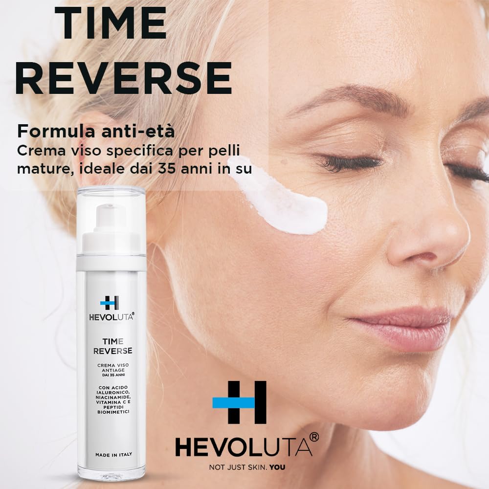 Hevoluta Time Reverse, Crema Viso Pelli Mature, Idratante Antiage, 50 ml | Antirughe con Peptidi Biomimetici Vitamina C, Niacinamide, Acido Ialuronico, Giorno e Sera, Made in Italy