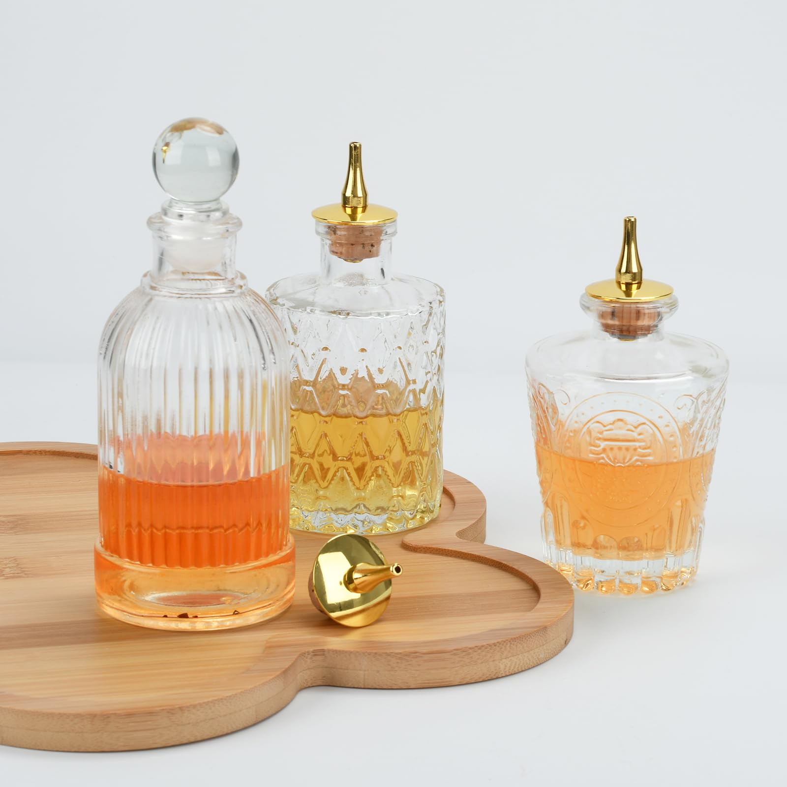 Lot de 3 bouteilles en verre vintage avec bec verseur en métal et bouchons d'étanchéité, distributeur de sirop de café pour café, kit de fabrication de cocktails et distributeur d'huile