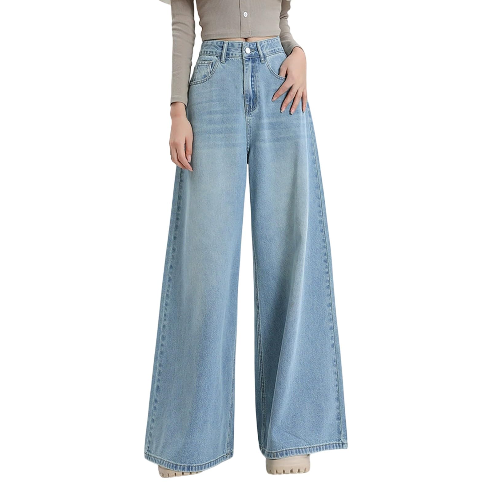 Pantalones De Verano Mujer Deporte, Pantalones Vaqueros Mujer Verano, Nuevos Jeans Lavados con Cintura Alta Y Piernas Anchas Pantalón Deportivo Pantalon Pirata