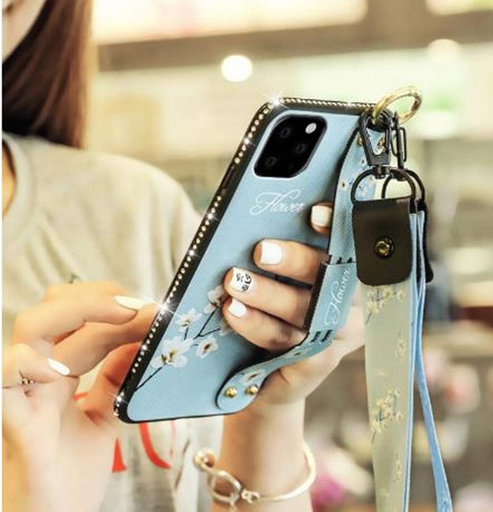 Aulzaju for iPhone 12 Pro Max Case with Strap Lanyard for Girls Women Luxury Bling Diamond Flower Design Soft Sleek TPU Phone Case with Ring Kickstand Cute Creative Cover for iPhone 12 Pro Max Purple