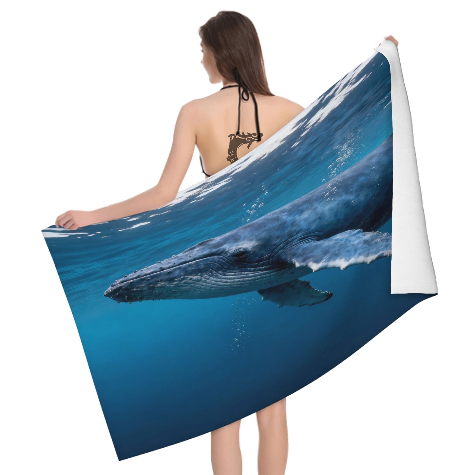 Leichong 3D Whale Print Beach Towel Large Microfiber Soft Quick Dry for Adults, Underwater Animal Bath Towel Lightweight Soft Absorbent for Travel Swimming Pool Sports, 180 x 90 cm