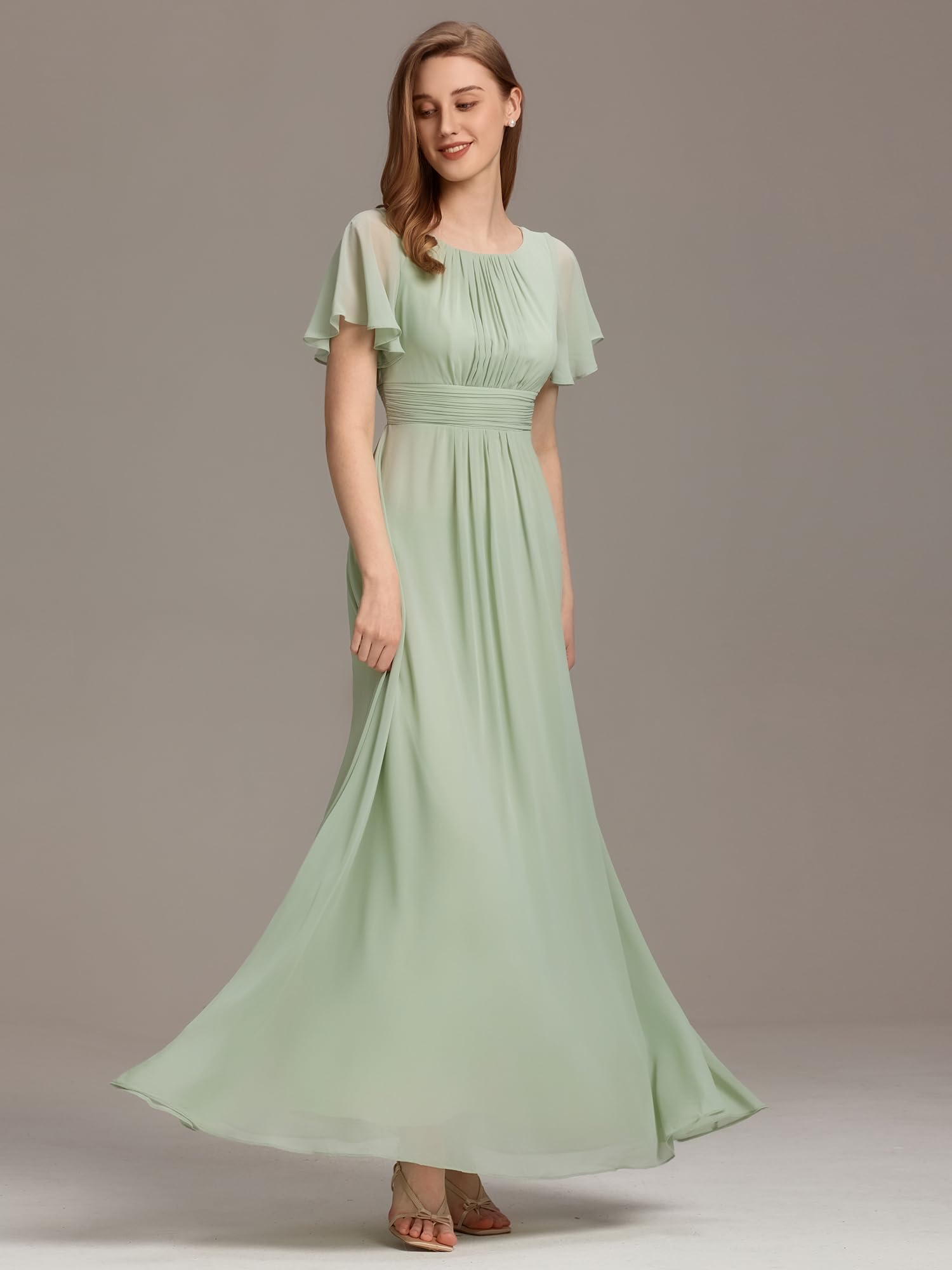 Ever-Pretty Robes de Demoiselle d'honneur Col Ronde Manches Courtes Mousseline Maxi Robe évasée ES01840