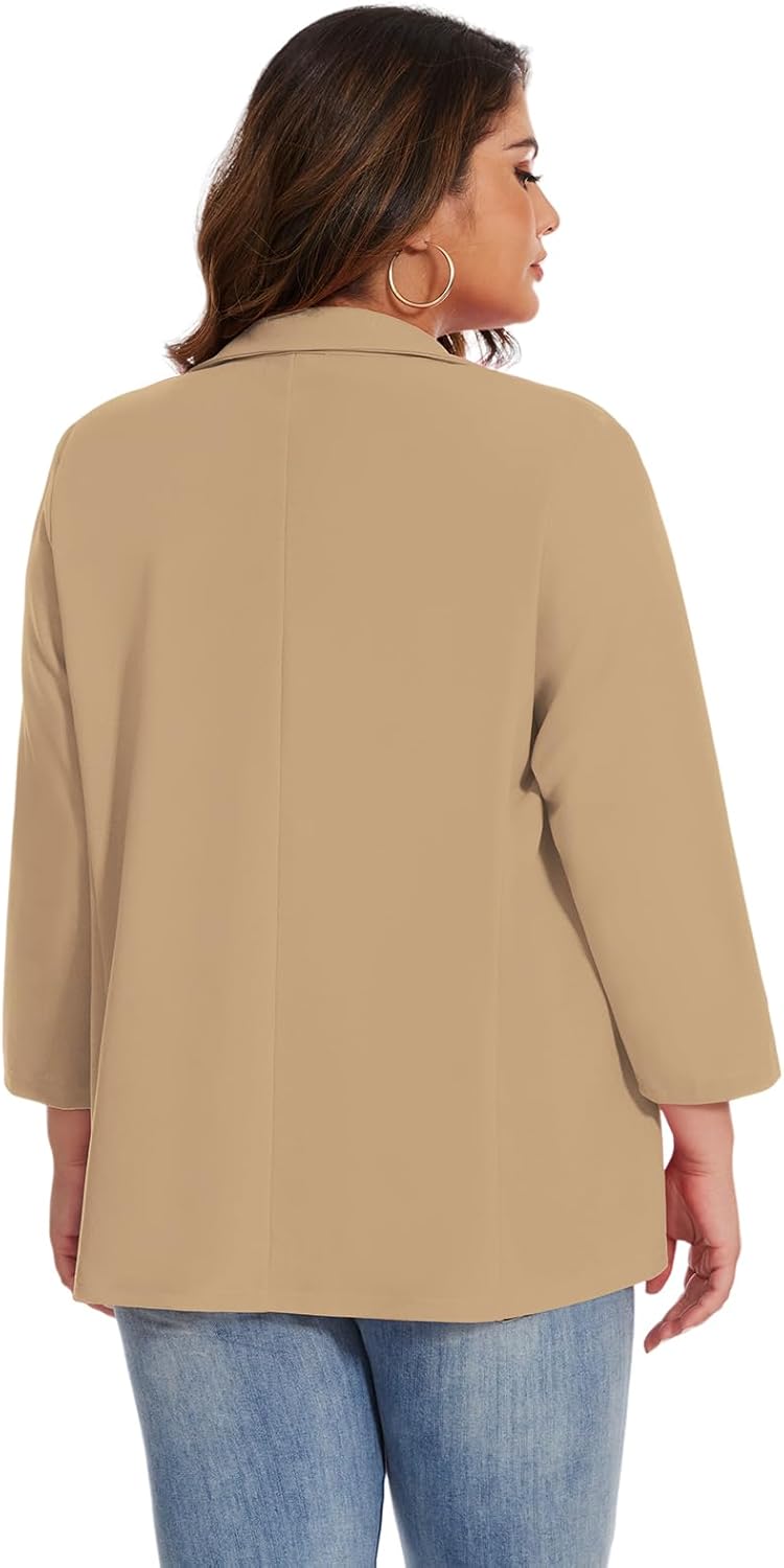 Womens Plus Size Blazer Jacket Business Casual 3/4 Ruched Sleeve Button Open Front Notch Lapel Blazers Pocket