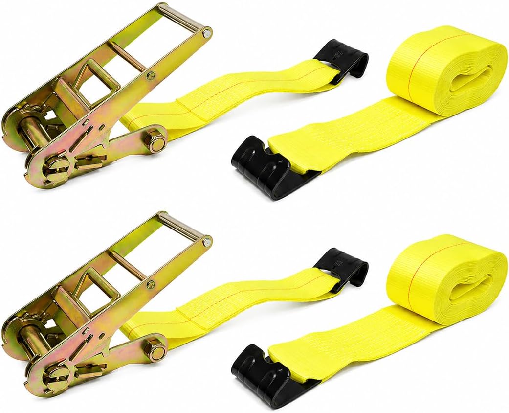 Boxer 4” x 30’ Ratchet Tie Down with Flat Hook (2 Pack)- Double Locking Rachet - Heavy Duty - Breaking Strength 16,200 Pounds - Flatbeds, Trailers, Truck