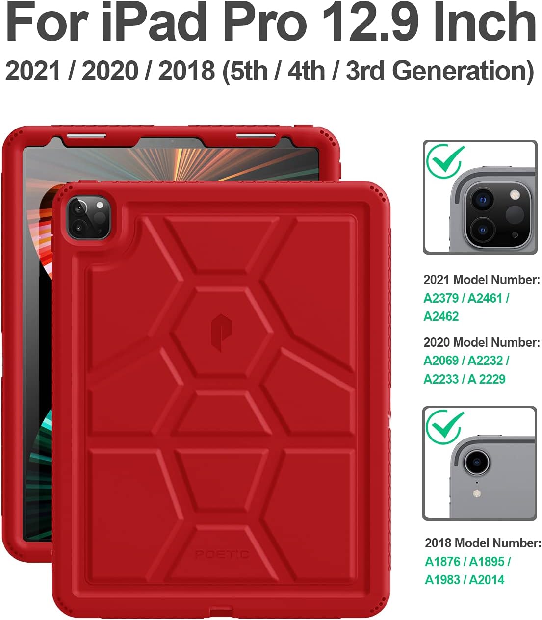 Poetic TurtleSkin Heavy Duty Case Designed for iPad Pro 12.9 2021/2020/2018 5th/4th/3rd Generation, Rugged Shockproof Drop Protection Kids Friendly Silicone Cover Case, Red