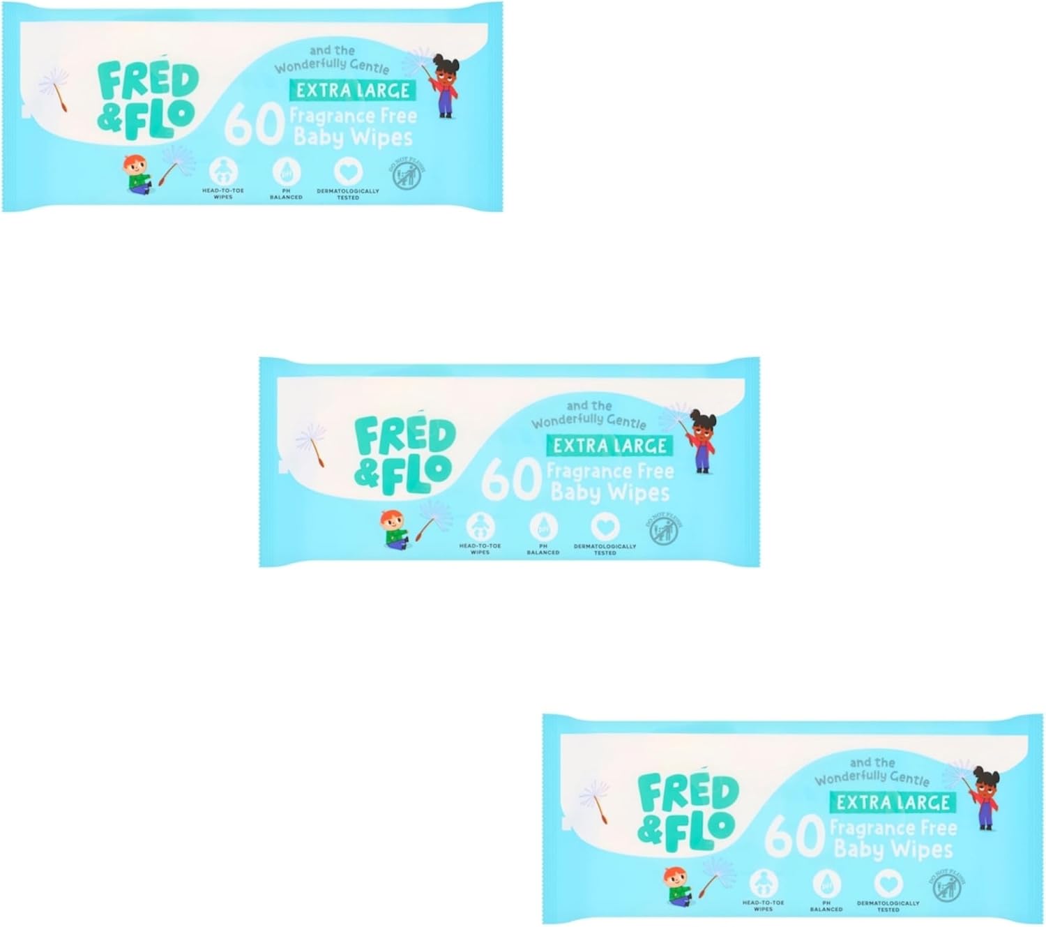 Fred & Flo Extra Large Head-to-Toe Baby Wipes, Fragrance Free, Plant Based, Dermatologically Approved, 60 Count, Pack of 3, Total 180 wipes