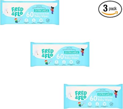 Fred & Flo Extra Large Head-to-Toe Baby Wipes, Fragrance Free, Plant Based, Dermatologically Approved, 60 Count, Pack of 3, Total 180 wipes