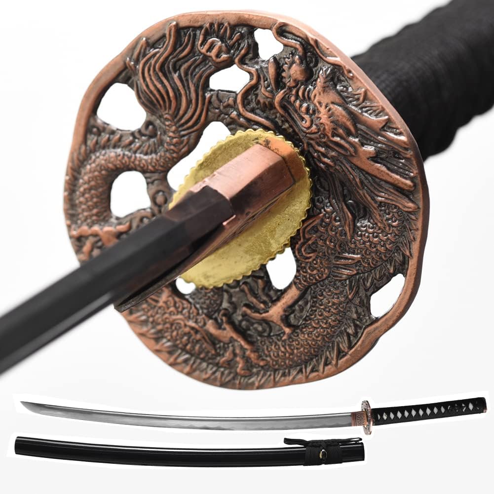 YONG XIN SWORD-Samurai Katana Sword, Japanese Handmade, Practical, 1045 Carbon Steel, Tempered/Clay Tempered, Full Tang, Sharp, Scabbard (Red Copper Dragon)