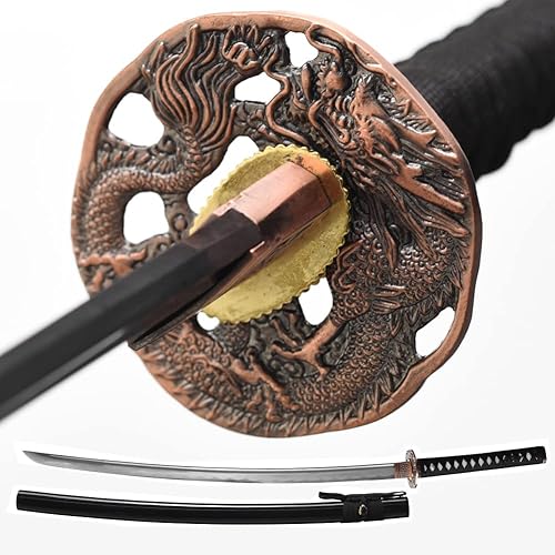 -Samurai Katana - Espada japonesa hecha a mano, práctica, acero al carbono 1045, templadoarcilla templada, espiga completa, afilada, vaina (dragón