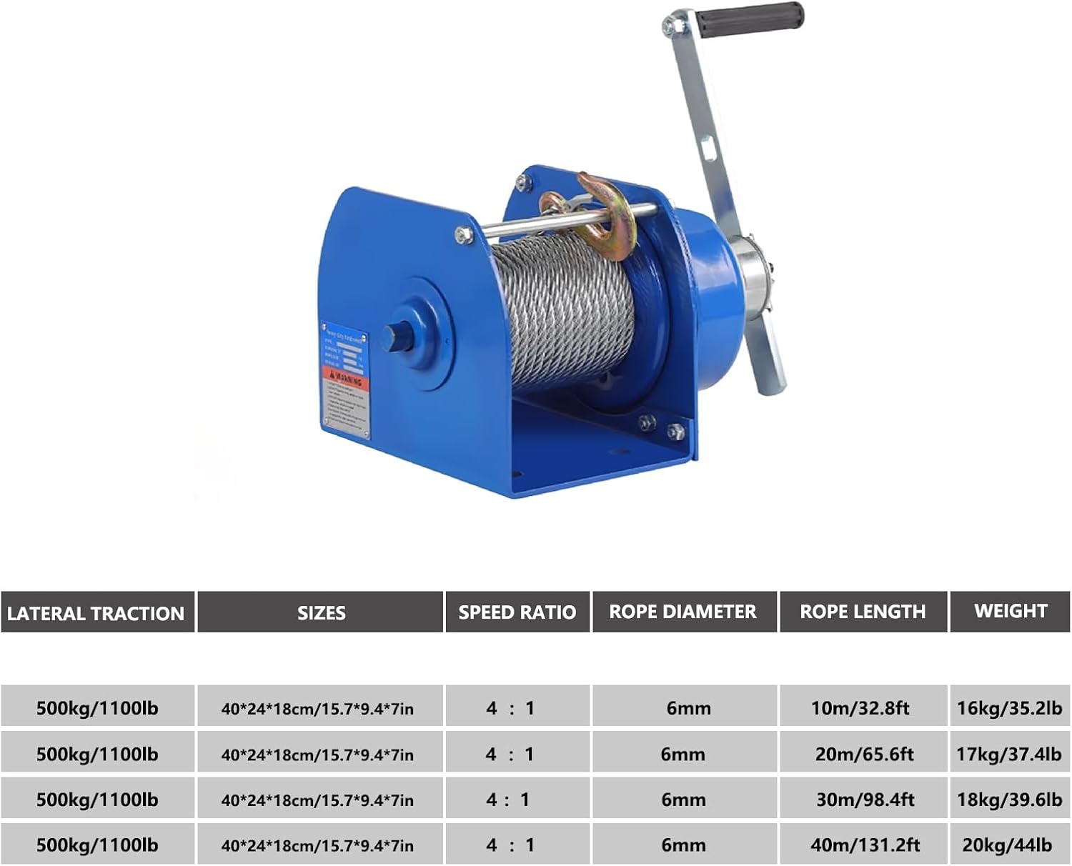 Adjustable Manual Winch 500KG/1100LB to 2000KG/4400LB, 22:1 Gear Ratio, 40m Wire Rope, Ideal for Marine Trailer Towing and Heavy Lifting Applications