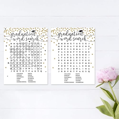 Miniatura 4 de Andaz Press Colección de fiesta de graduación con purpurina blanca y dorada, tarjetas de juego de graduación de búsqueda de palabras, paquete de 20