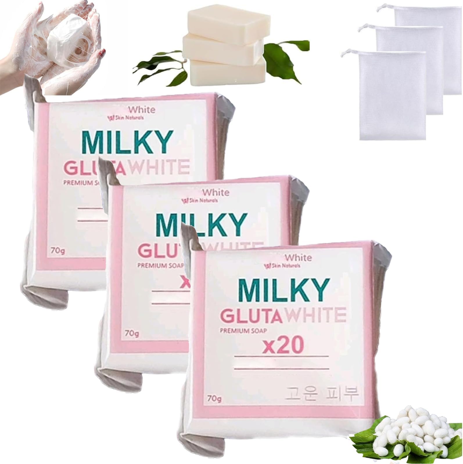 Milky Gluta White Soap 20x, Milky Gluta White Soap, MilkyGluta Whites Bar Soap, Glutamilk 𝐖𝐡𝐢𝐭𝐞𝐧𝐢𝐧𝐠 Soaps, Glutamilk Premium Soaps for Face & Body, Deep Cleanse, Exfoliate (1, 3pcs)