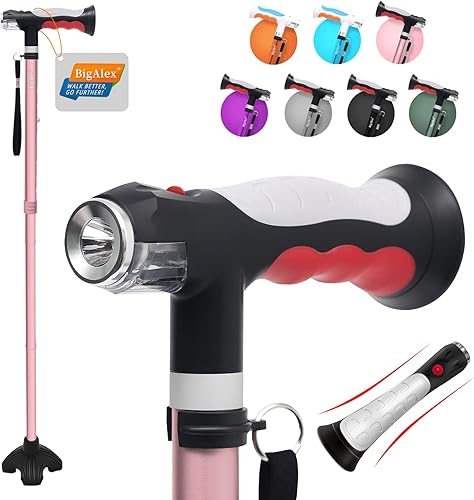 BigAlex Bastón plegable con dos luces LED para ancianos, base sólida, bastón ajustable con bolsa de transporte para hombres y mujeres