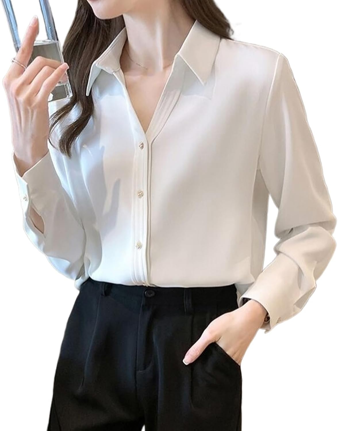 Women's Satin Shirt Long Sleeve Casual Top Office Lady Vintage White Blouse Elegant Clothing