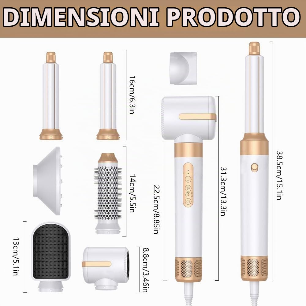 Asciuga Capelli 7 In 1, Air Styler Con Spazzola Asciugacapelli, Lisciante, Diffusore, Ugello Per Lo Styling, 110000 Giri/Min Phon Per Lisciare, Volume e Styling
