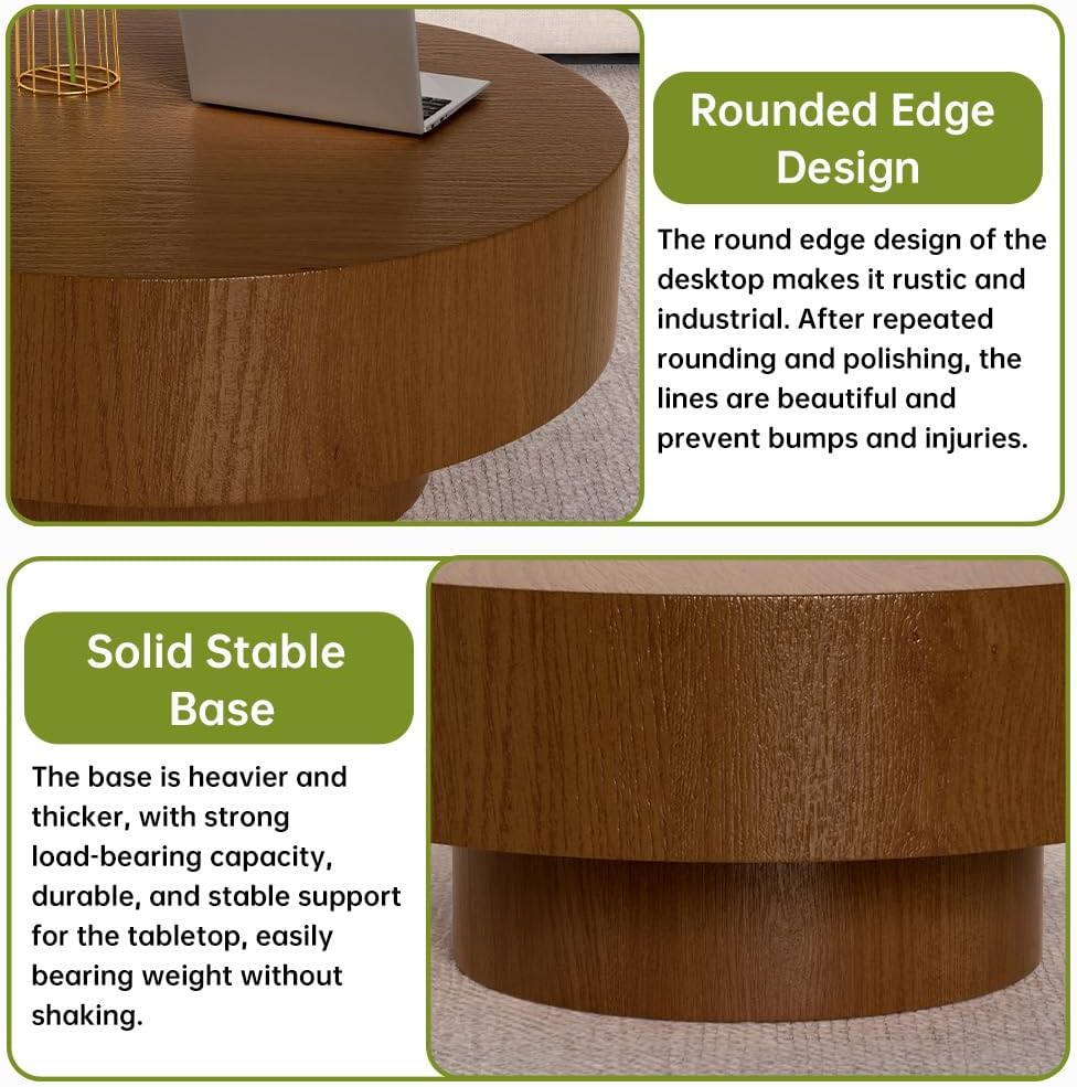 Round Brown Coffee Table Round Drum Fluted Coffee Table Modern Wood Coffee Tables for Living Room (Wood 31in)