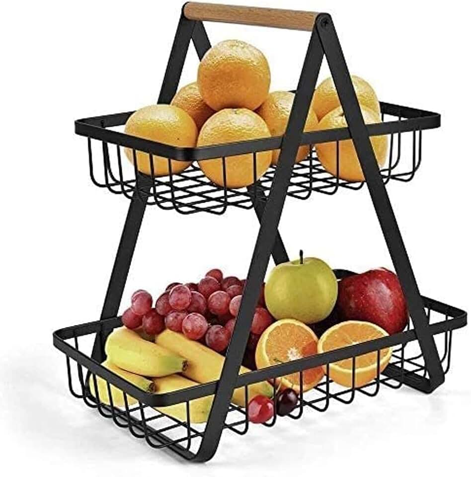 Fruteira de Mesa 2 Andares com Alça de Madeira — Cesta de Frutas Decorativa em Metal para Cozinha e Sala, Ventilada, Organizadora de Bancada, Preta