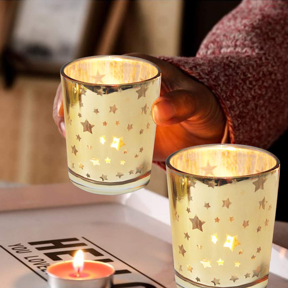Seloom Gold Star Teelichthalter Quecksilberglas Votivkerzenhalter Set 12 Stück Perfekt für Hochzeit, Party, und Zuhause Dekoration - Teelicht Kerzen nicht im Lieferumfang enthalten