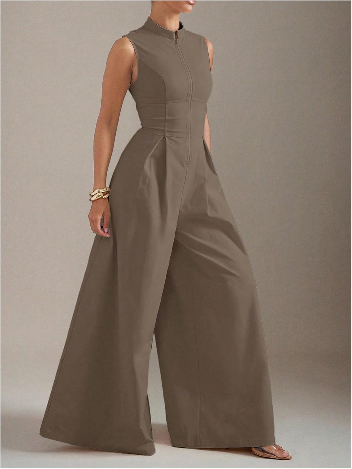 Verdusa Women's Zip Up Wide Leg Jumpsuits Sleeveless One Piece Jumpsuit Formal Dressy Casual - Image 3