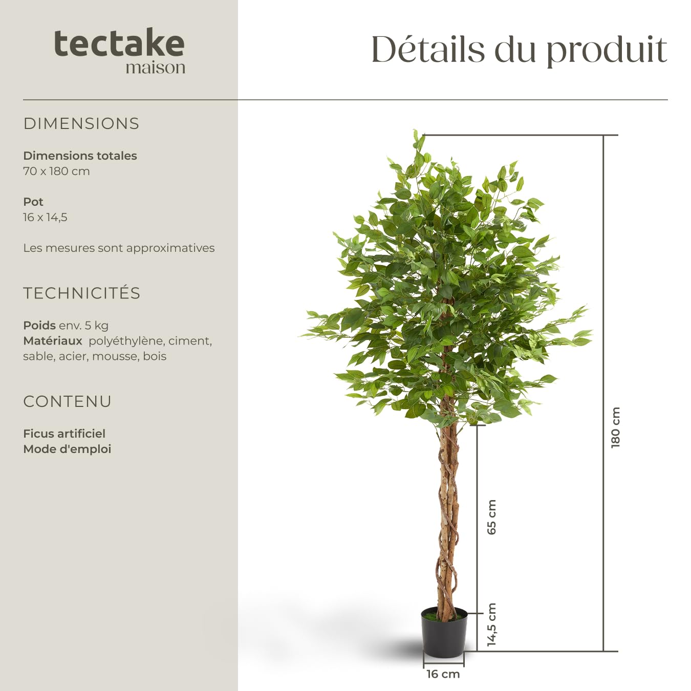 tectake® Plante Artificielle Ficus Artificiel 180cm Fausse Plante Interieur Arbre Vert Arbre Artificiel Décoration Maison idéal pour Décoration Salon Chambre Cuisine Dressing Chambre Enfant Bureau