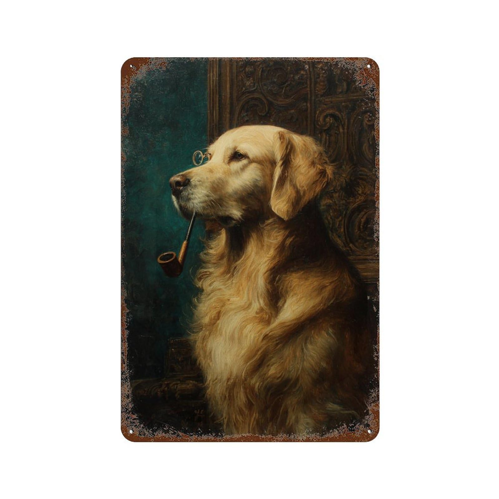 Garage Style Golden Retriever with Pipe Painting Distressed Metal Wall Sign 11.8"x7.9", Retro Wall Decor for Bar And Workshop