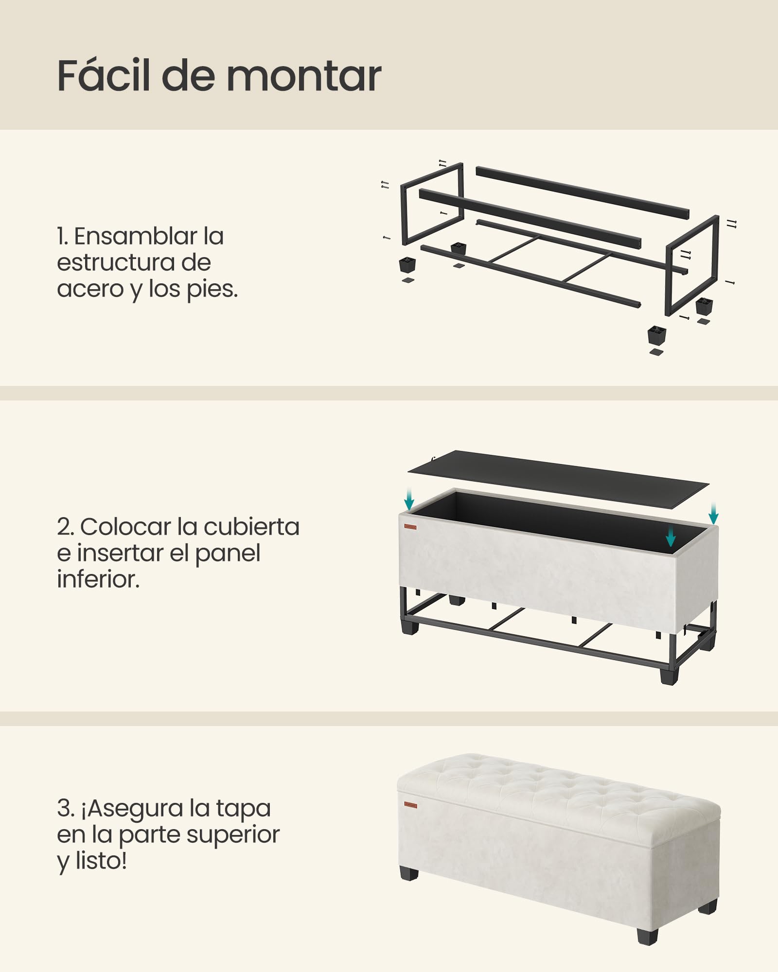 SONGMICS Puff Almacenaje, Baúl con Patas, 40 x 110 x 39 cm, Banco de Pie de Cama, Banco Almacenaje, Soporta hasta 300 kg, para Sala de Estar, Dormitorio, Entrada, Blanco Crema LSF089W01