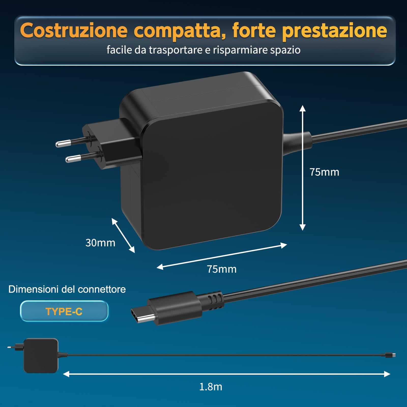 BIUBOTY Alimentatore USB C 65W 20V 3.25A Compatible con Macbook Pro/Air, HUAWEI Matebook, Lenovo Thinkpad Yoga, Xiaomi Air, HP ChromeBook, ASUS ZenBook caricatore per computer USB C