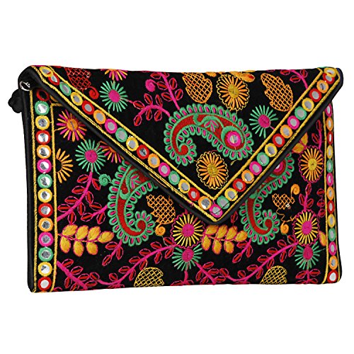Latest Designed Sling Bag, Foldover Clutch, Hand Bag, Banjara Bag,Shoulder Bag & Cross Body Bag for Women & Girls (Black & Multi) Length 7.6 (Approx) Width 12 (Approx)