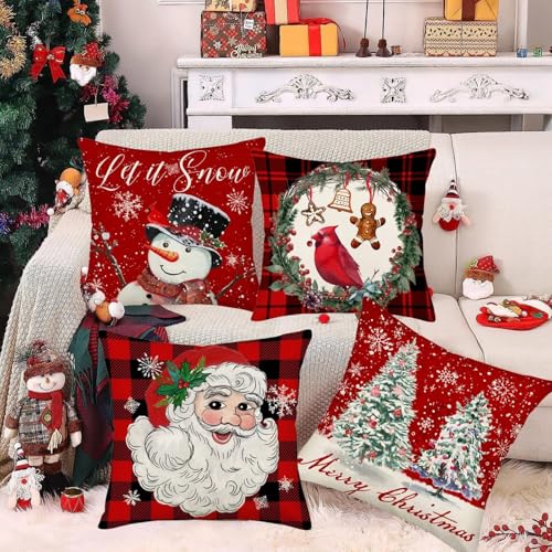 Christmas-Pillow-Covers-18×18-Inch-Set-of-4-Red-Xmas-Tree-Christmas-Snowman-Winter-Farmhouse-Holiday-Merry-Bright-Cushion-Case-for-Home-Couch-Decoration Christmas Pillow Covers 18×18 Inch Set of 4 Red Xmas Tree Christmas Snowman Winter Farmhouse Holiday Merry Bright Cushion Case for Home Couch Decoration