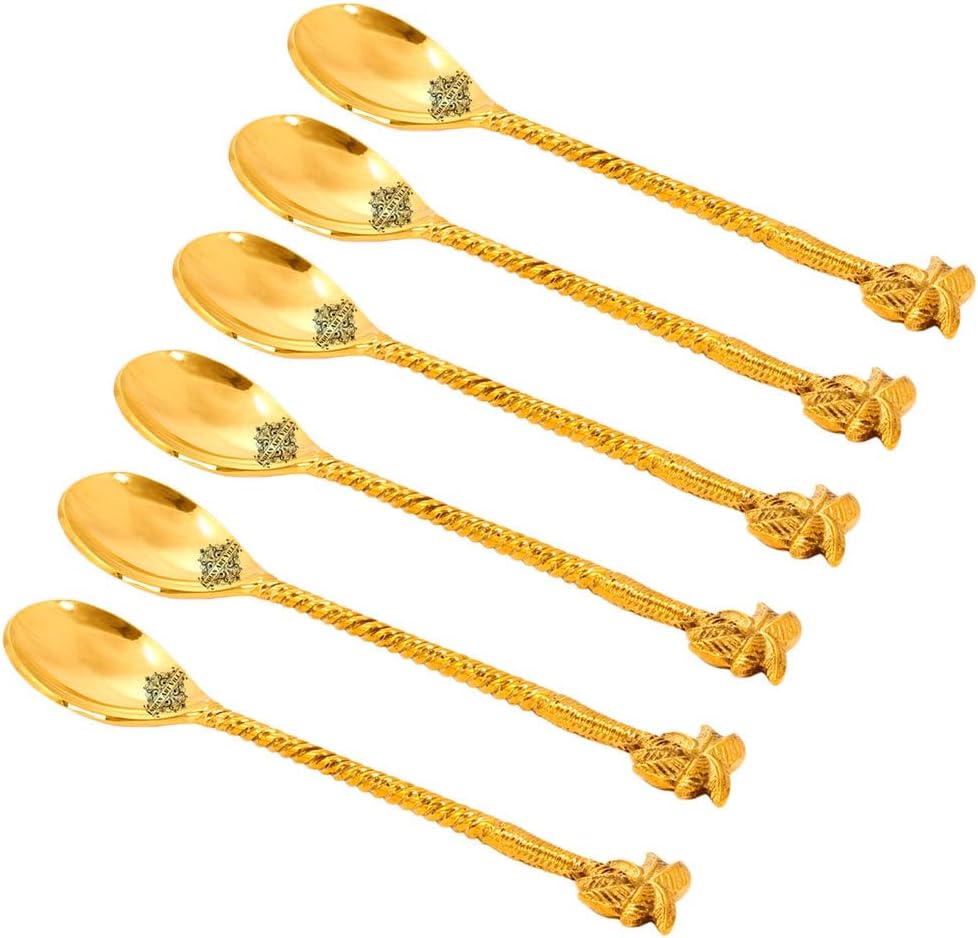 Indian Art Villa Steel Brass Spoon With Antique Embossed Design, Dinnerware, Tableware & Cutlery Item, Length- 8 Inches, Set of 2