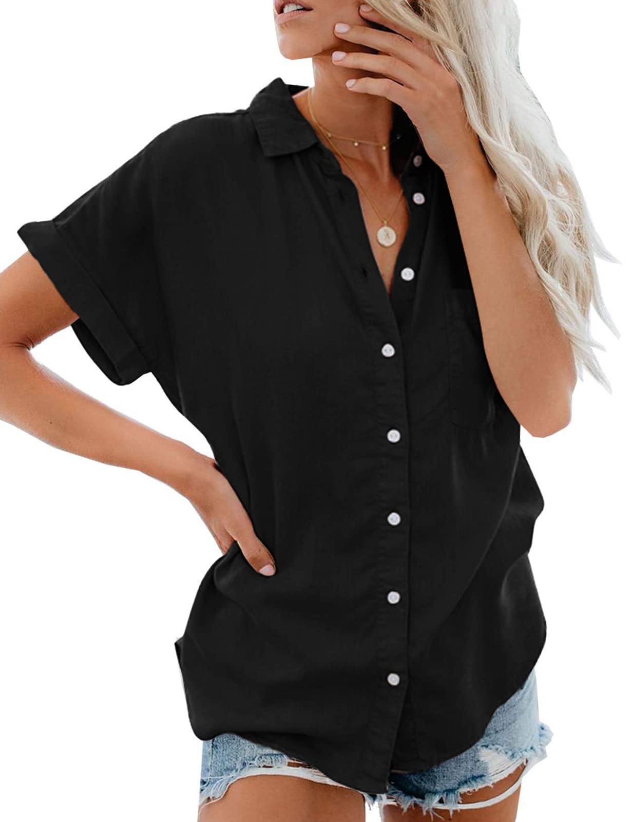 Xnova Camisa Manga Corta de Mujer Básica Blusa Botón Cuello en V Oversized Tops Sólido Essentials Shirt, Cuello con Solapa de Verano Camiseta con Bolsillo