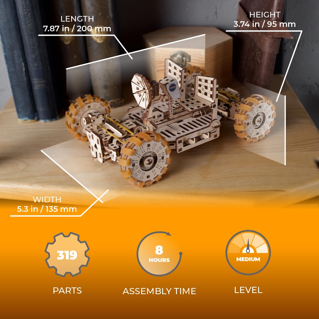 UGEARS NASA Lunar Rover Model Kit - 3D Drewniane Puzzle Mechaniczne Do Zbudowania Dla Dorosłych - Prezenty Kosmiczne Dla Młodych Chłopców - Oficjalne Zestawy Modeli Kosmicznych NASA