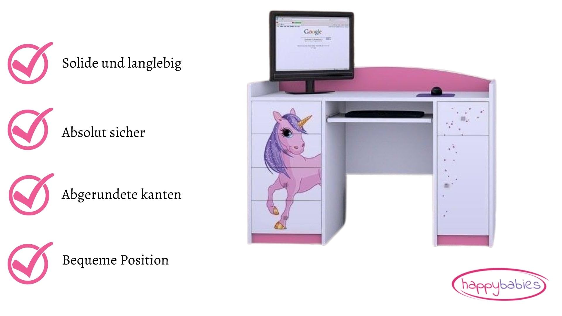 Happy Babies Schreibtisch für Kinderzimmer 125x89x60 weiß Rosa Büro PC-Schreibtisch mit Tastaturablage Computertisch mit Schubladen Muster Einhorn
