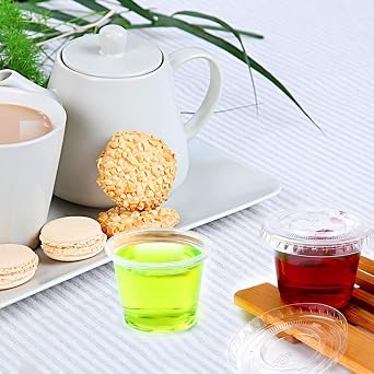 TashiBox 1oz-100 Sets Plastic Disposable Jello Shot Cups with Lids/Souffle Portion/Sauce Salad Dressing/Condiment Cups, 100 pack Clear Plastic Disposable Food Containers with Lids (1 Ounce)...