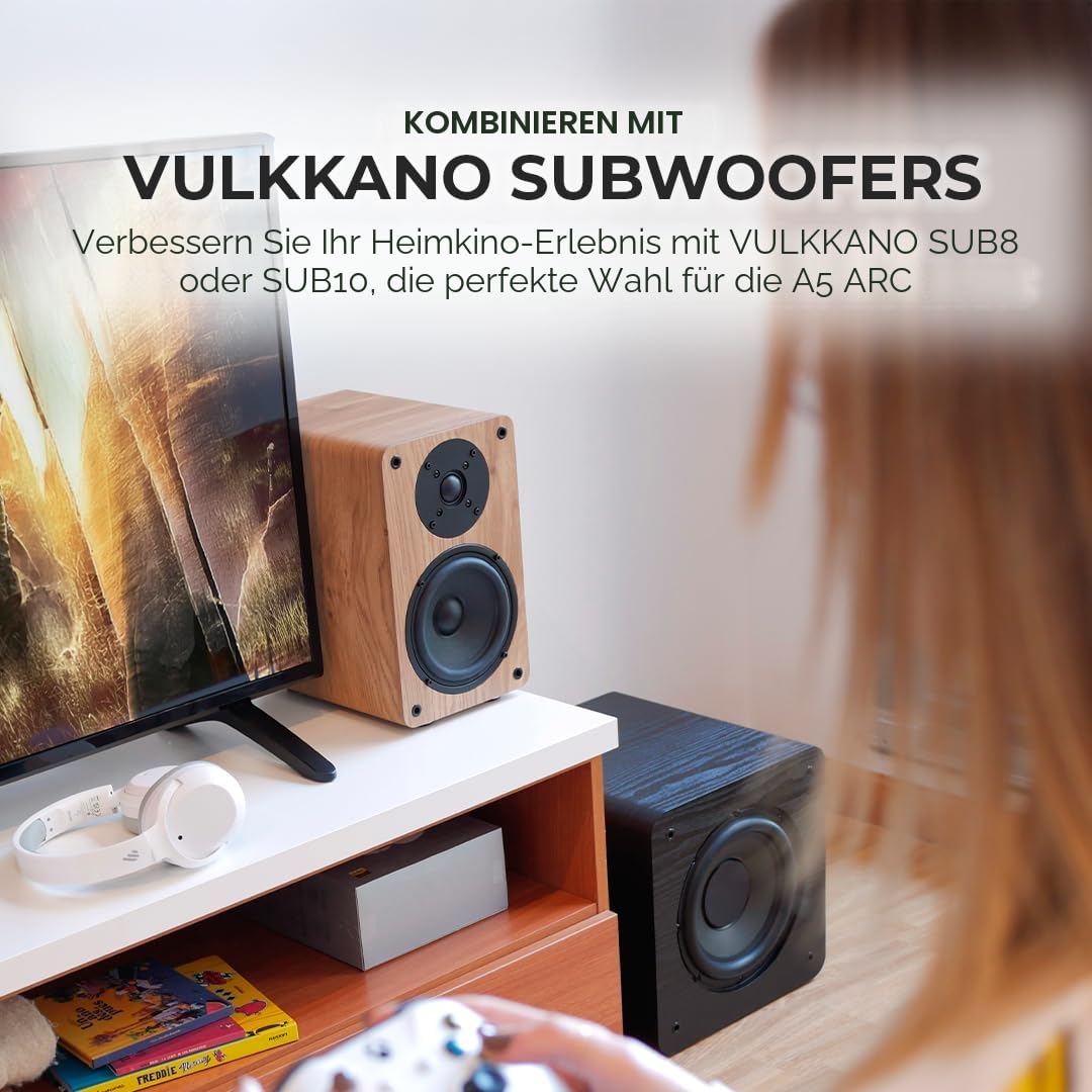 VULKKANO A5 ARC Aktivlautsprecher mit 5.25" Woofer, Bluetooth 5.0, HDMI ARC, Optische, RCA, USB, mit Subwoofer-Ausgang, HiFi Regallautsprecher mit elegantem Design