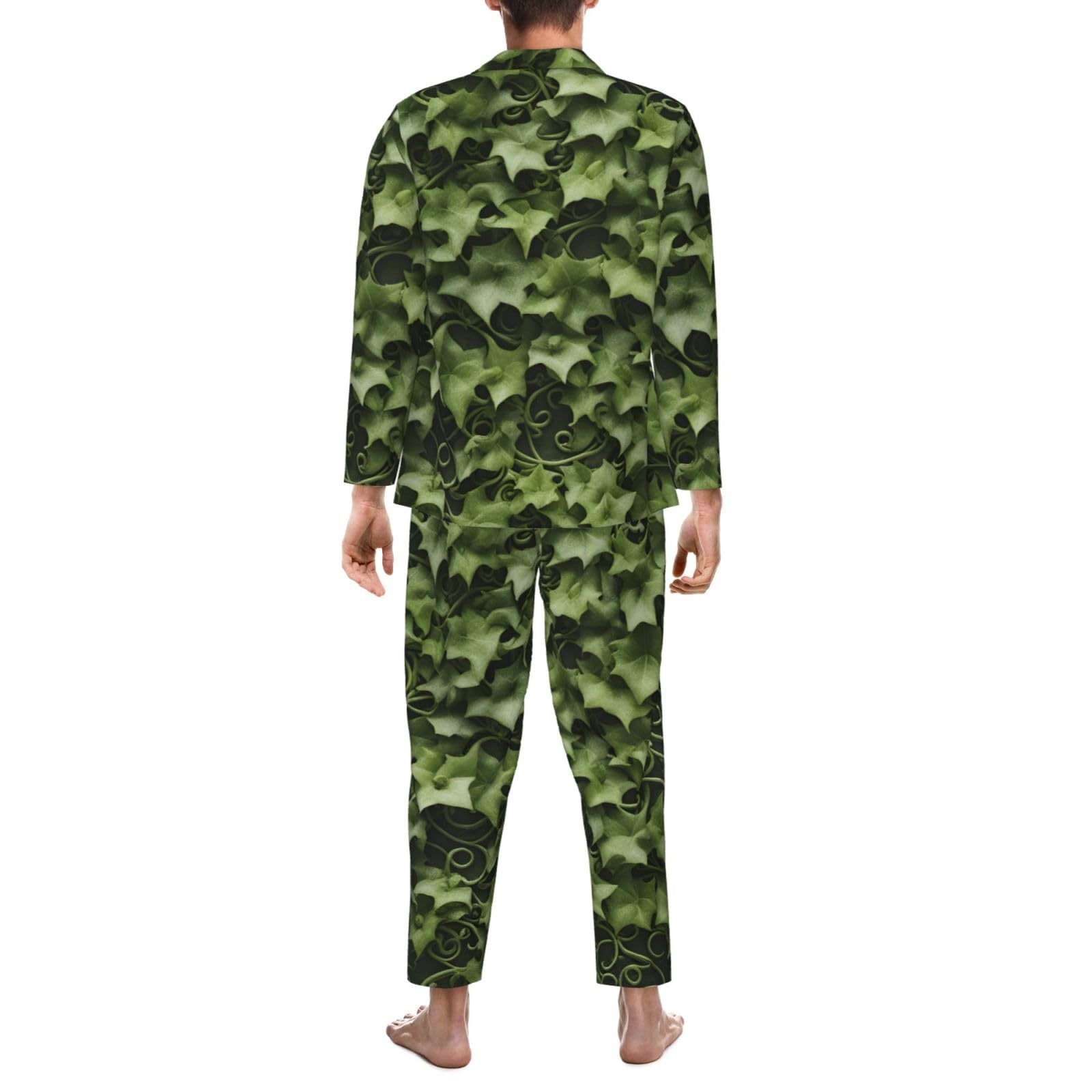 Herren-Pyjama-Set mit floralen Wirbeln, Efeu-Druck, langärmelig, zweiteilig, Hauskleidung, bequeme Nachtwäsche