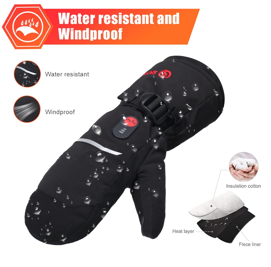 Beheizbare Ski-Fäustlinge – 7,4 V 2200 mAh Akku, 3 Heizstufen (40/50/60 °C), volle Finger-Heizfläche, wasserabweisend & Winddicht, Touchscreen, Verstellbarer Handgelenkriemen, Unisex Damen/Herren
