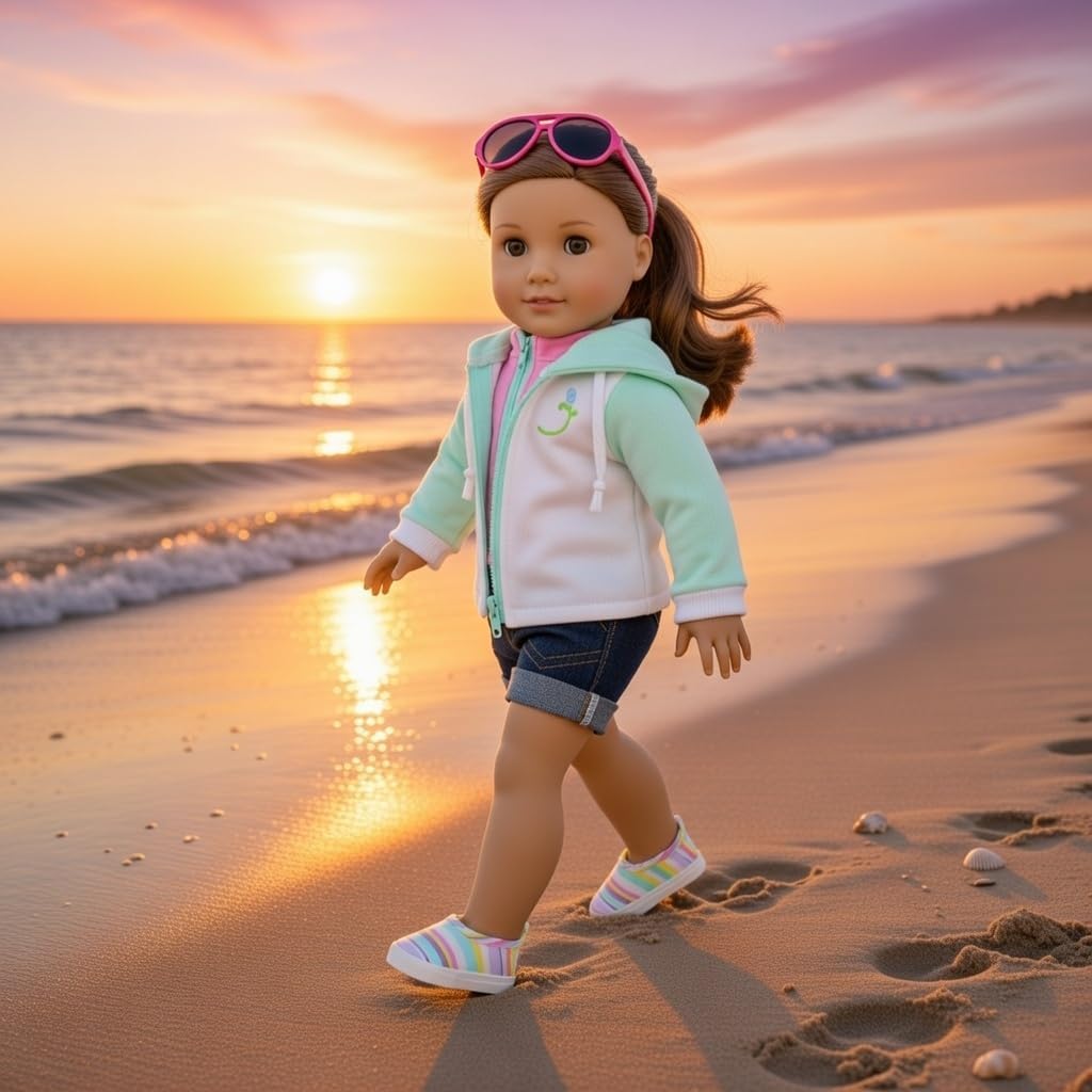 18 Inch Doll Swimsuit Set 7 Piece Beach Surfer Outfit – Emily Rose Rash Guard Denim Shorts Sunglasses Sandals – Doll NOT Included – Fits American Girl Our Generation