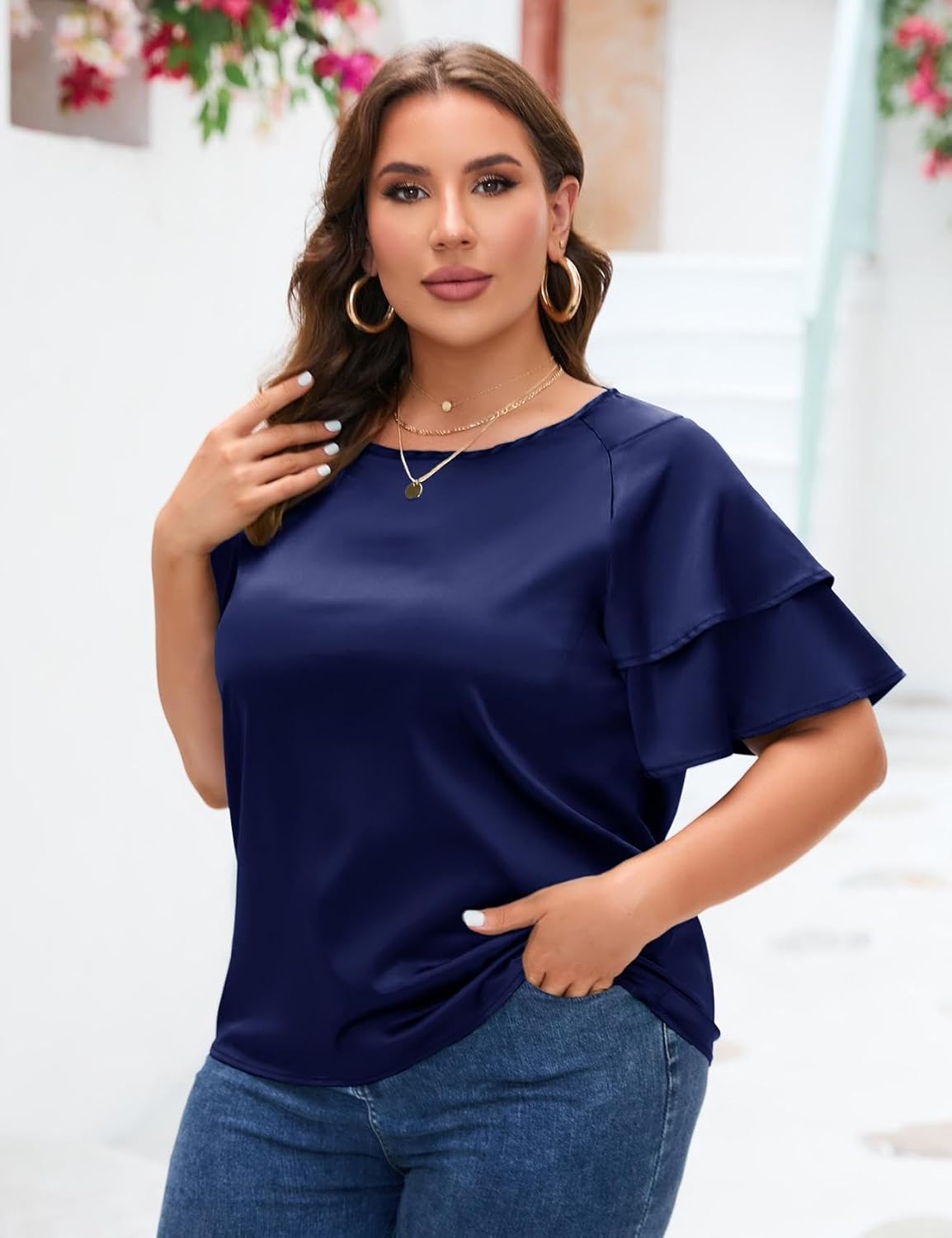 ZOMVA Women's 2024 Plus Size Satin Blouse Short Ruffle Sleeves Silk Top Dressy Shirt Office Elegant - Image 2