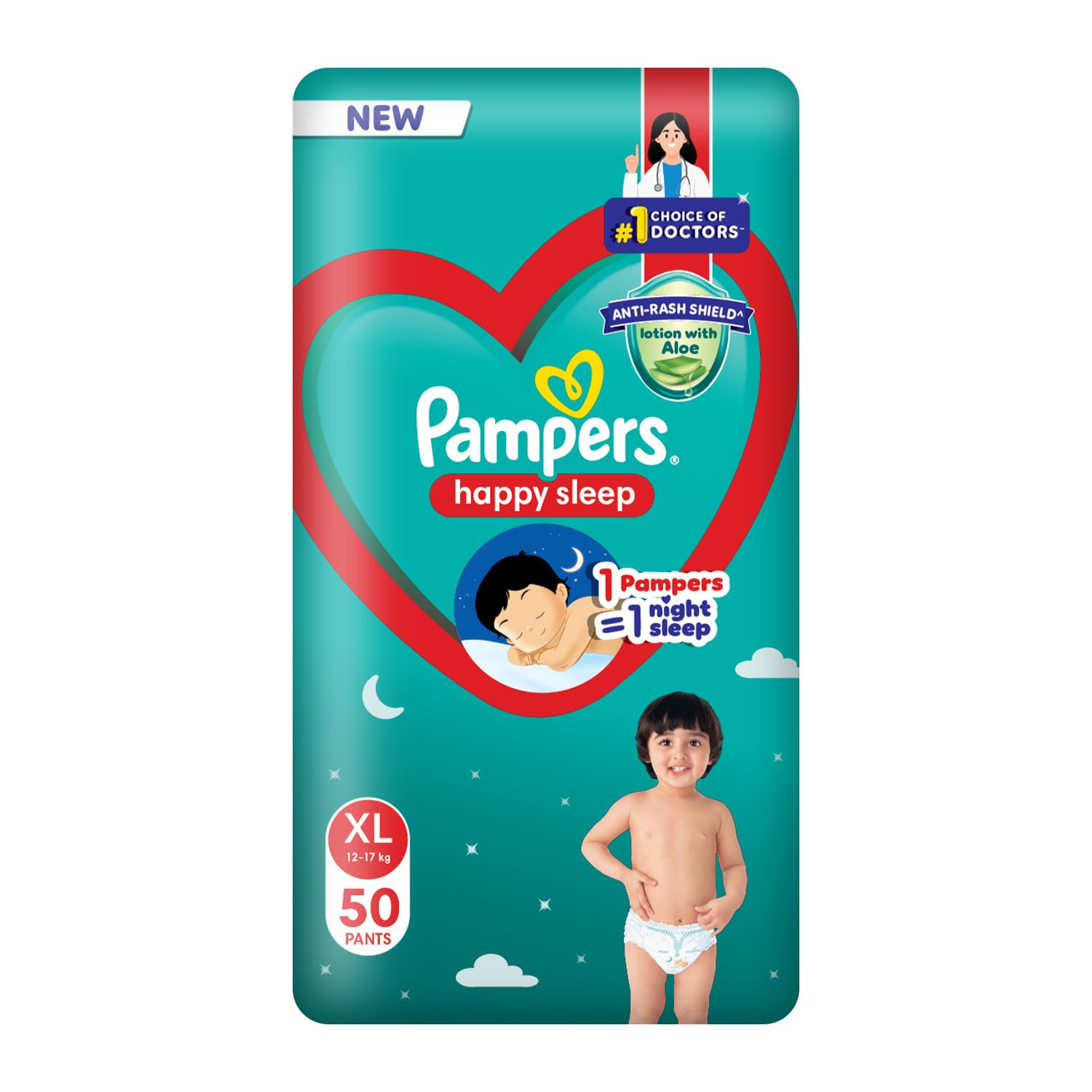 Pampers Happy Sleep Pant Style Baby Diapers, X-Large (XL), 50 Count, 1 Pampers = 1 Night Sleep, with Anti Rash Shield, 12-17 Kg Diapers