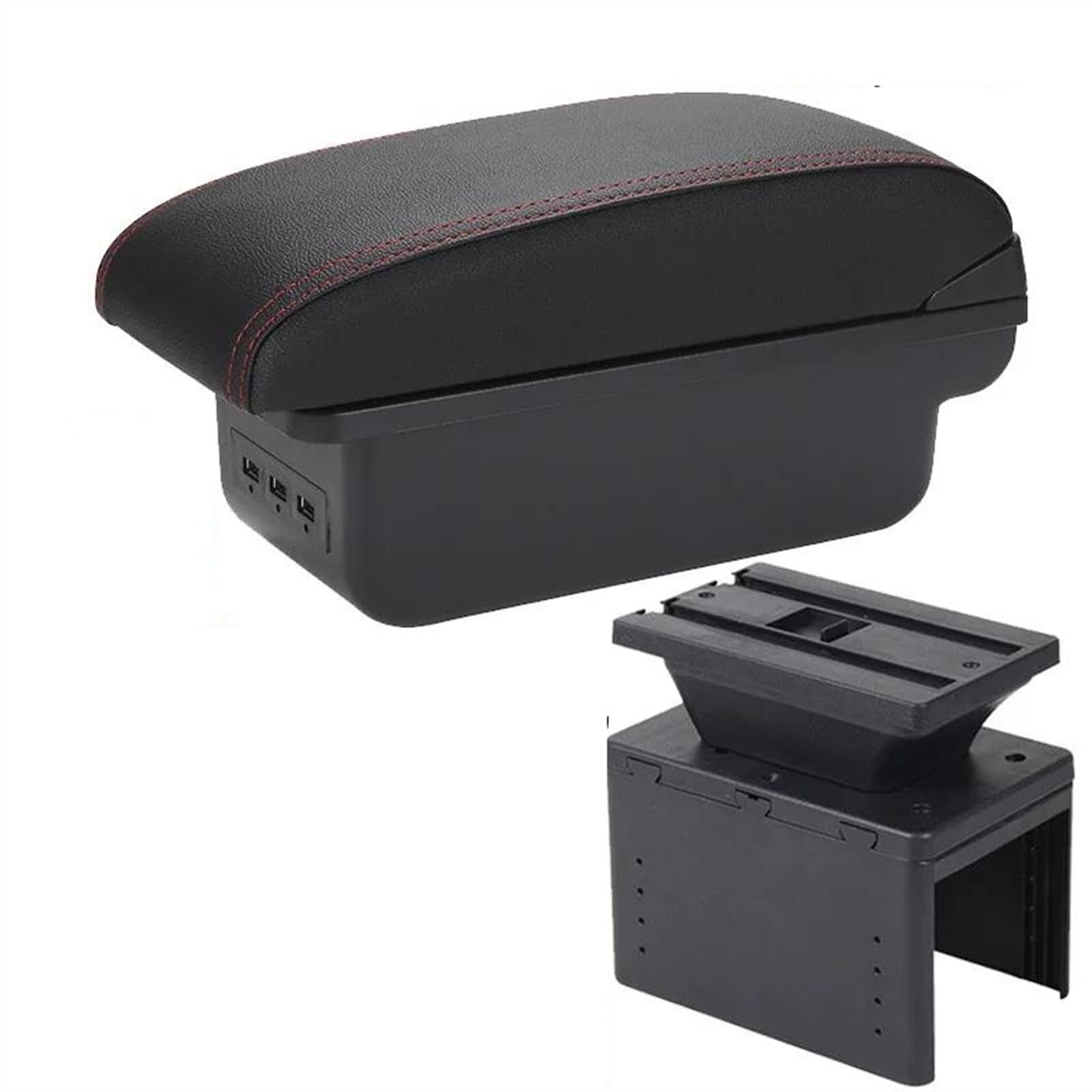 NOHEEU Armrest Box With Multifunctional Support PU Upholstered Car Interior Modification Accessories For Hyundai I20 2021 2022(B1 Black red 3USB)