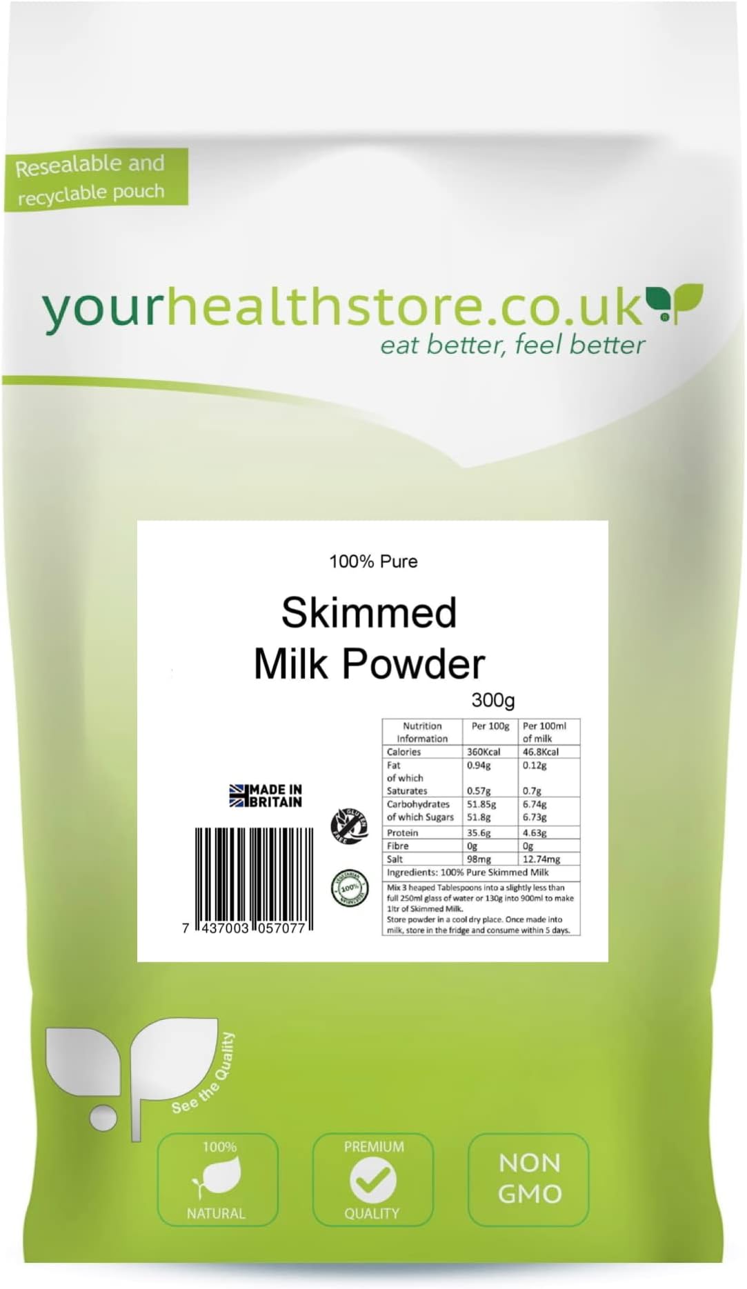 100% Pure Skimmed Milk Powder 300g, Made in Britain with British Milk, Low in Fat, No Additives, No Soy Lecithin, No Bovaer, Vegetarian, (Recyclable Pouch)