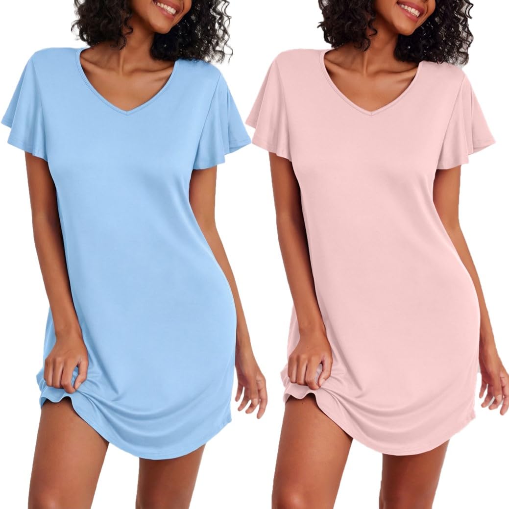 Ekouaer Damen Nachthemden Kurzarm Schlafshirt Zweiteiliger Sleepshirt Print Schlafhemd Nachtwäsche Rosa + Blau XL
