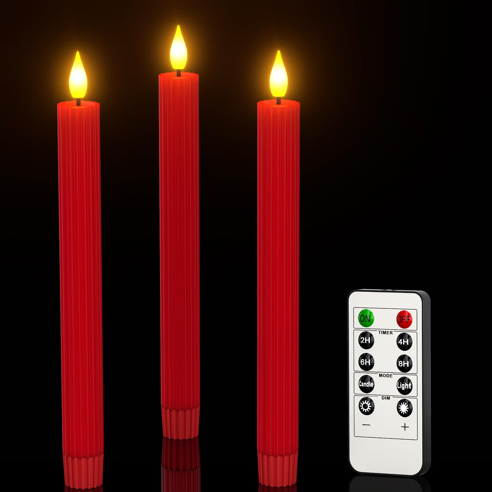 PChero - Velas cónicas LED rojas con temporizador remoto, 3 piezas de cera real, sin llama, velas parpadeantes, funcionan con pilas, sin goteo, para decoraciones de fiesta de Navidad, Halloween