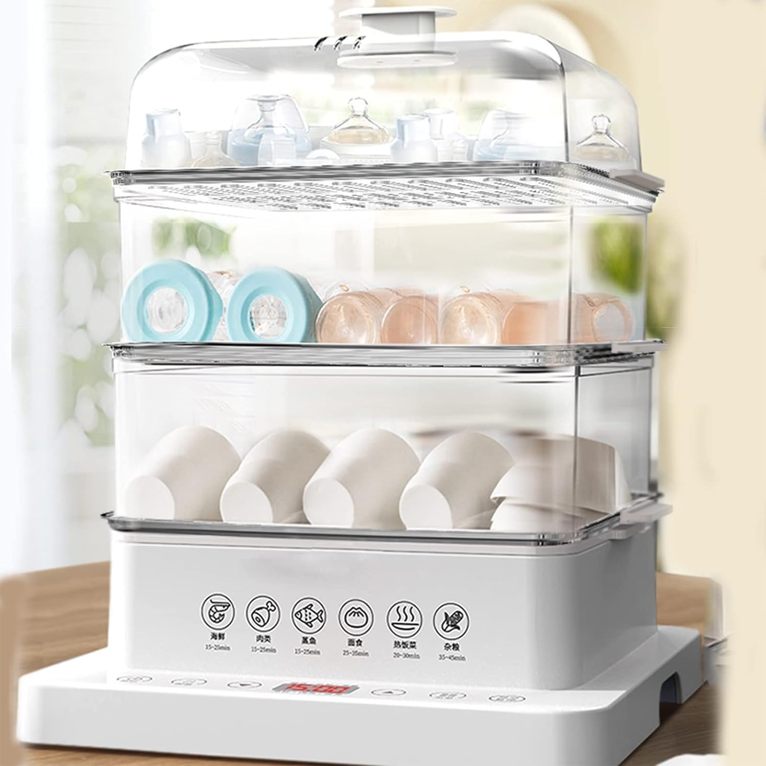 Close-up of the steamer's control panel with display