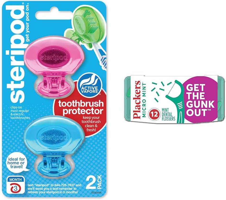 Toothbrush Protectors (2 Count) & Plackers Micro Mint Dental Floss Picks (12 Count) Bundle