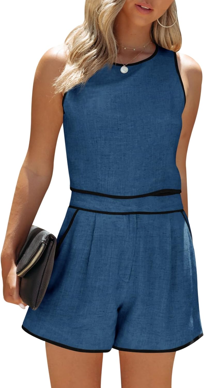 Fessceruna Women's 2 Piece Outfits Sleeveless Crop Zip Back Tank Top and High Waist Shorts Summer Contrast Workout Sets