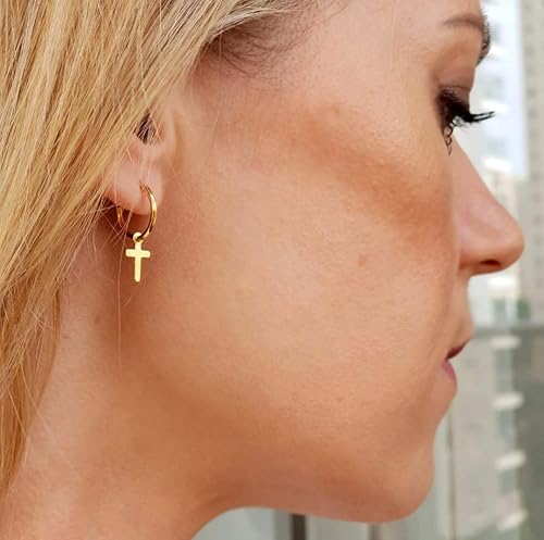 Miniatura 5 de Cross Daggle hoop earrings Gold cross earrings Minimal earrings Dainty Cross Earrings Huggie earrings 14K Gold Filled Earrings Christmas gift