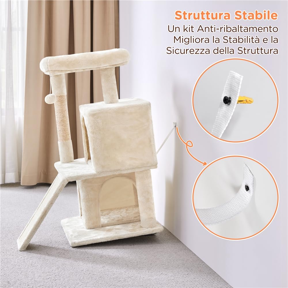 Tiragraffi per Gatti Altezza 92cm Albero con Trespolo Grande,Pompon,Casetta,Scala,Graffiatoi Gioco per Gatti Interni Grigio chiaro